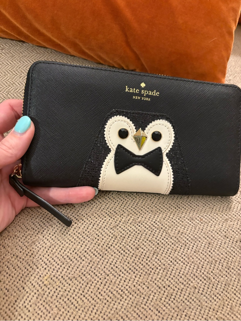 kate♠️spade Black Continental Wallet with 3D Sparkly Penguin Applique
